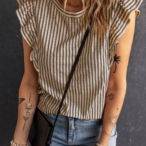 New Boutique: Khaki Striped Print Ruffle Casual Summer Top - Picture 13 of 15